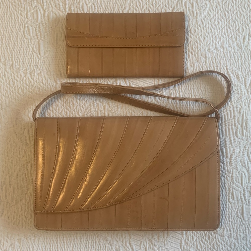 Vintage Genuine Eel Skin Tan Convertible Clutch/ Shoulder Bag Purse